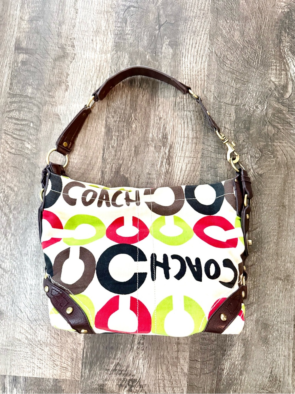 Coach Multicolor Logo Canvas Shoulder Bag with Brown Leather